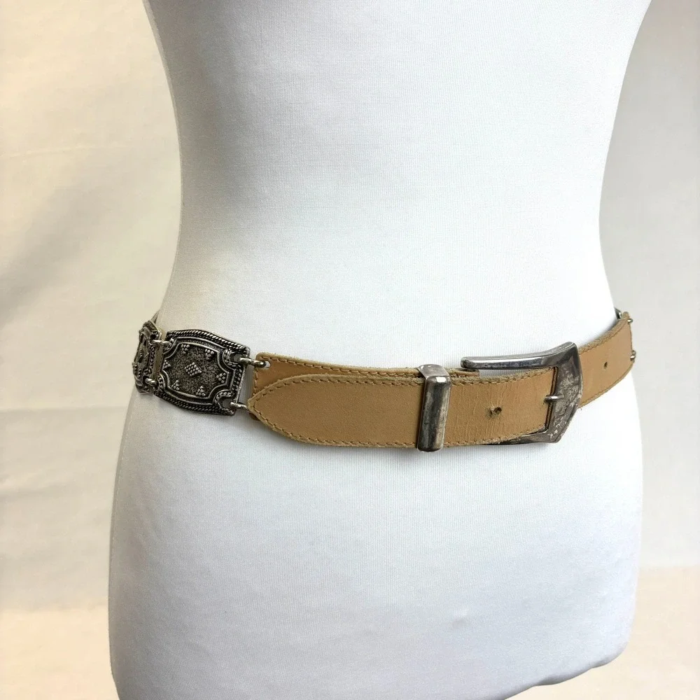 VTG The Limited Genuine Leather Tan‎ Belt Silver Ornate Western Buckle Boho M